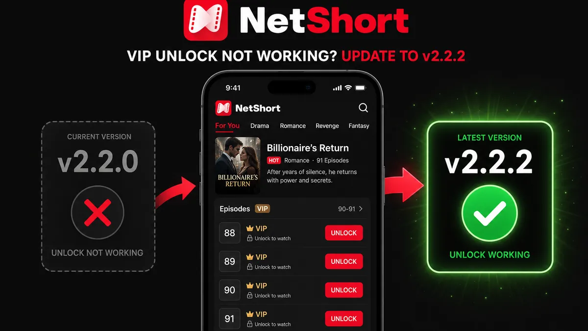 NetShort VIP unlock not working fix — update from 2.2.0 to 2.2.2 hero banner